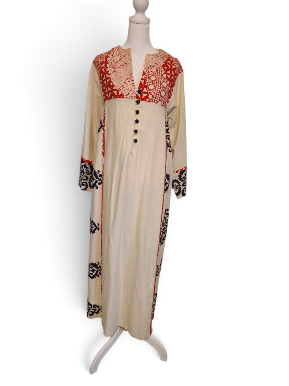 Vintage 60s Tan Red Floral Bohemian Long Sleeve Maxi Dress Button Detail